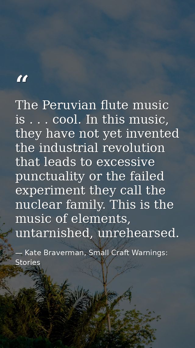 The Peruvian flute music is . . . cool. In this music, they have not yet invented the industrial revolution that leads t — Kate Braverman, Small Craft Warnings: Stories