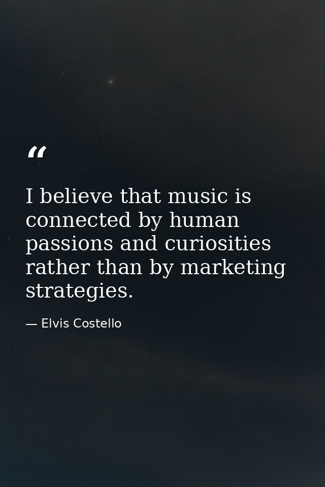 I believe that music is connected by human passions and curiosities rather than by marketing strategies. — Elvis Costello