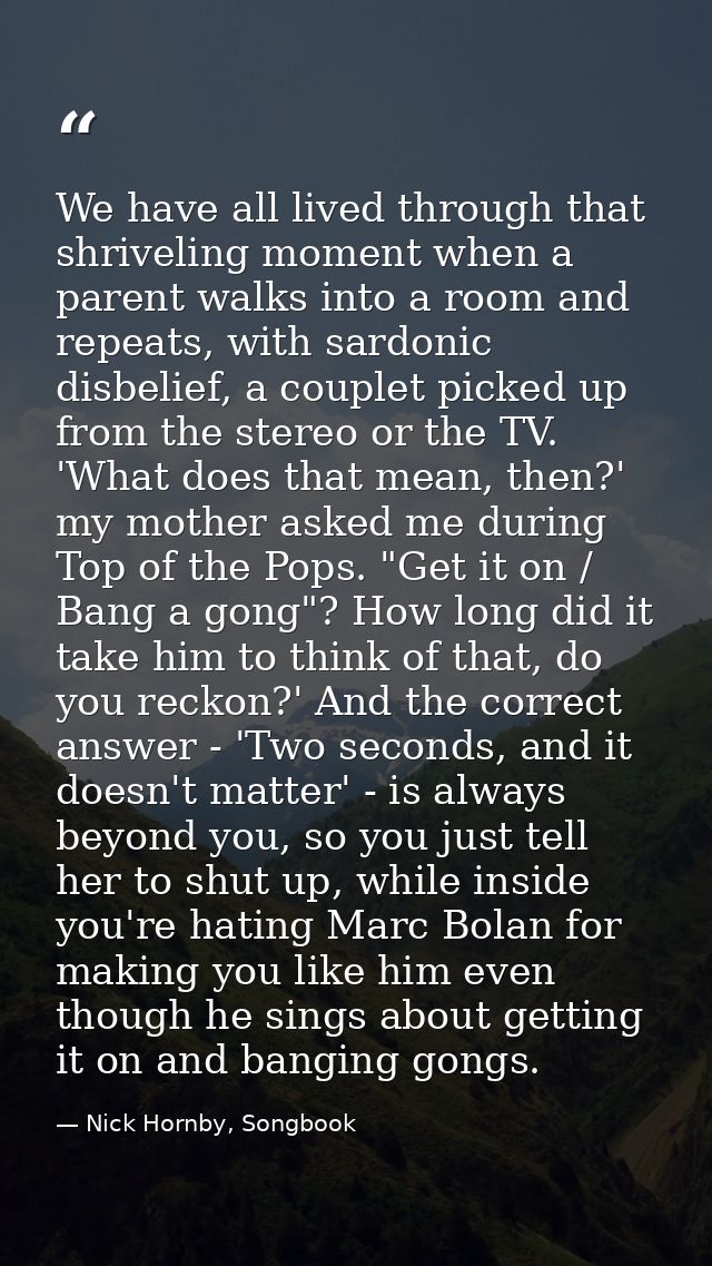 We have all lived through that shriveling moment when a parent walks into a room and repeats, with sardonic disbelief, a — Nick Hornby, Songbook