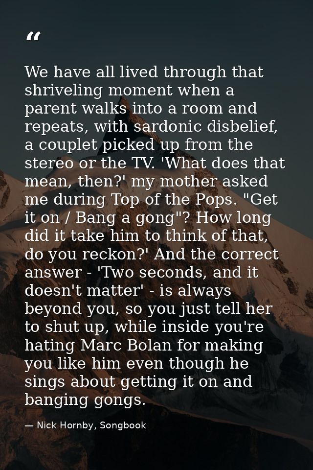 We have all lived through that shriveling moment when a parent walks into a room and repeats, with sardonic disbelief, a — Nick Hornby, Songbook