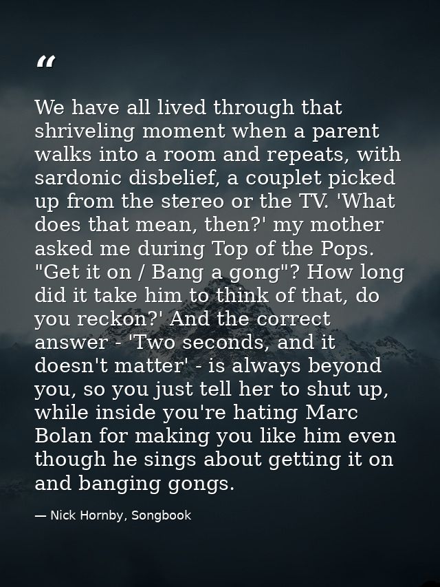 We have all lived through that shriveling moment when a parent walks into a room and repeats, with sardonic disbelief, a — Nick Hornby, Songbook