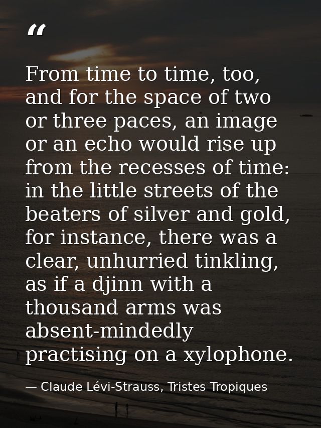 From time to time, too, and for the space of two or three paces, an image or an echo would rise up from the recesses of  — Claude Lévi-Strauss, Tristes Tropiques