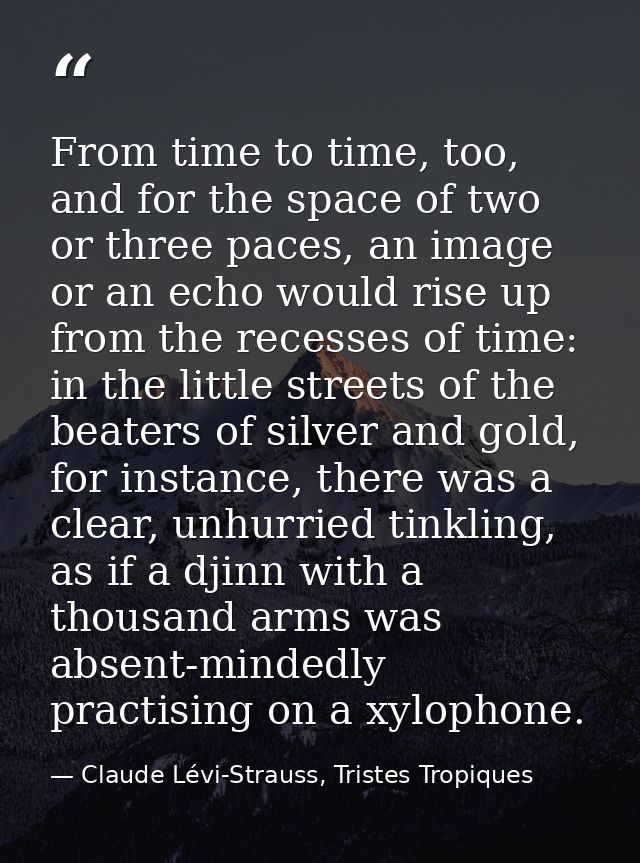From time to time, too, and for the space of two or three paces, an image or an echo would rise up from the recesses of  — Claude Lévi-Strauss, Tristes Tropiques