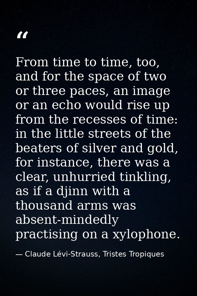 From time to time, too, and for the space of two or three paces, an image or an echo would rise up from the recesses of  — Claude Lévi-Strauss, Tristes Tropiques