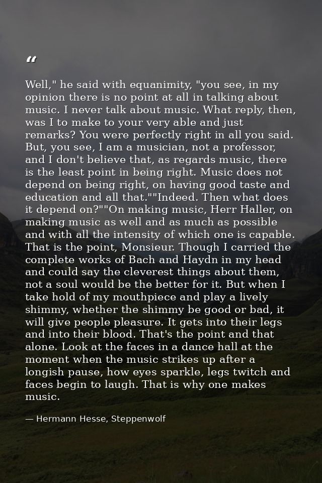 Well," he said with equanimity, "you see, in my opinion there is no point at all in talking about music. I never talk ab — Hermann Hesse, Steppenwolf