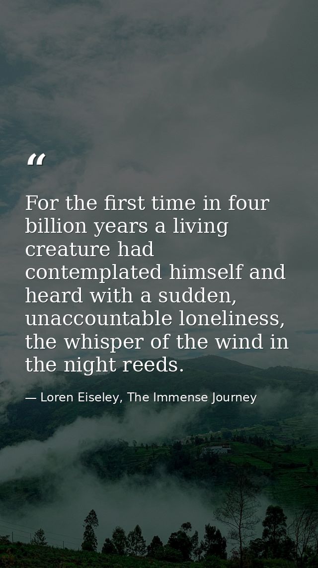 For the first time in four billion years a living creature had contemplated himself and heard with a sudden, unaccountab — Loren Eiseley, The Immense Journey