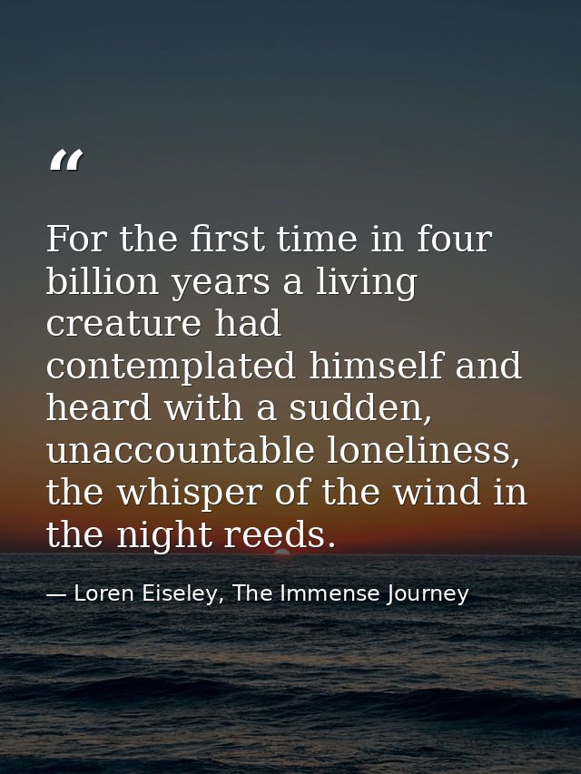 For the first time in four billion years a living creature had contemplated himself and heard with a sudden, unaccountab — Loren Eiseley, The Immense Journey