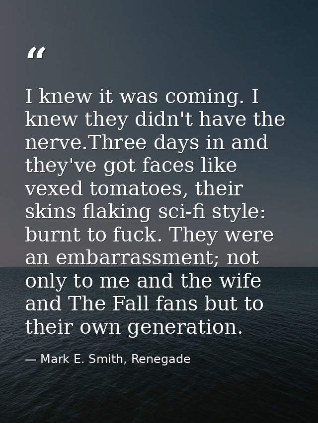 I knew it was coming. I knew they didn't have the nerve.Three days in and they've got faces like vexed tomatoes, their s — Mark E. Smith, Renegade