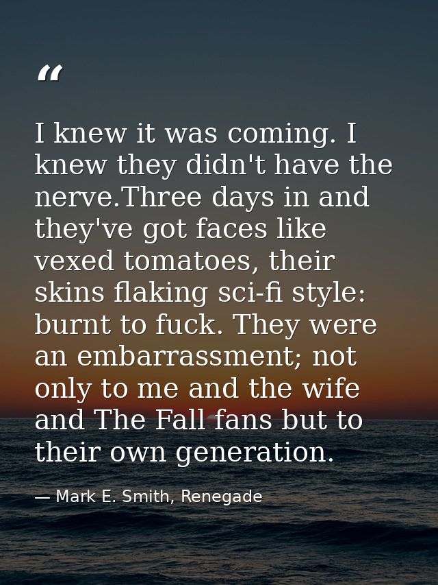 I knew it was coming. I knew they didn't have the nerve.Three days in and they've got faces like vexed tomatoes, their s — Mark E. Smith, Renegade