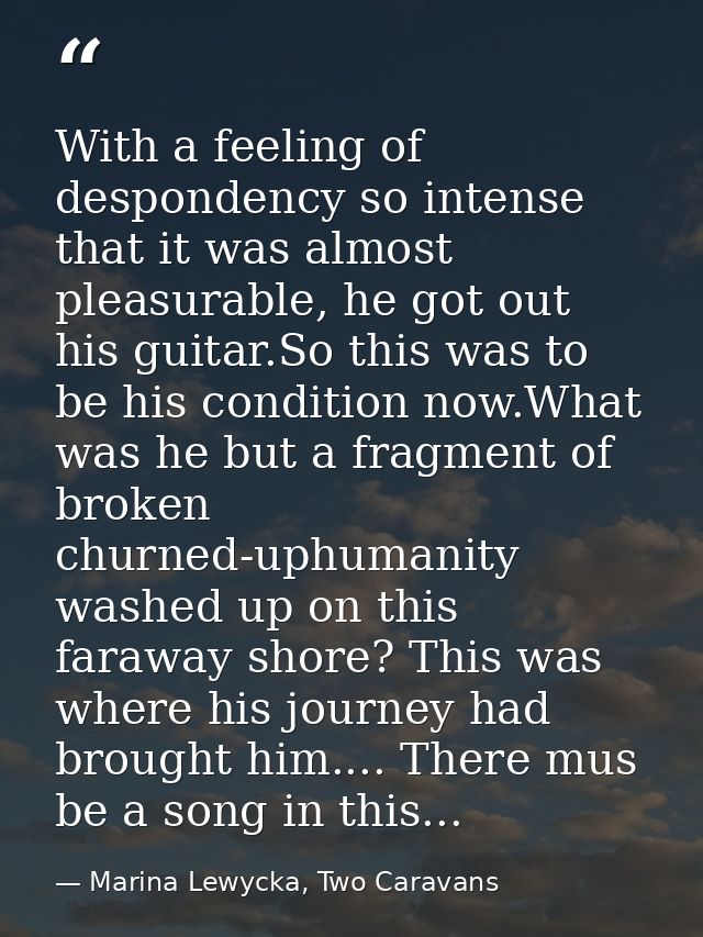 With a feeling of despondency so intense that it was almost pleasurable, he got out his guitar.So this was to be his con — Marina Lewycka, Two Caravans