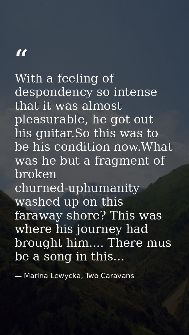 With a feeling of despondency so intense that it was almost pleasurable, he got out his guitar.So this was to be his con — Marina Lewycka, Two Caravans
