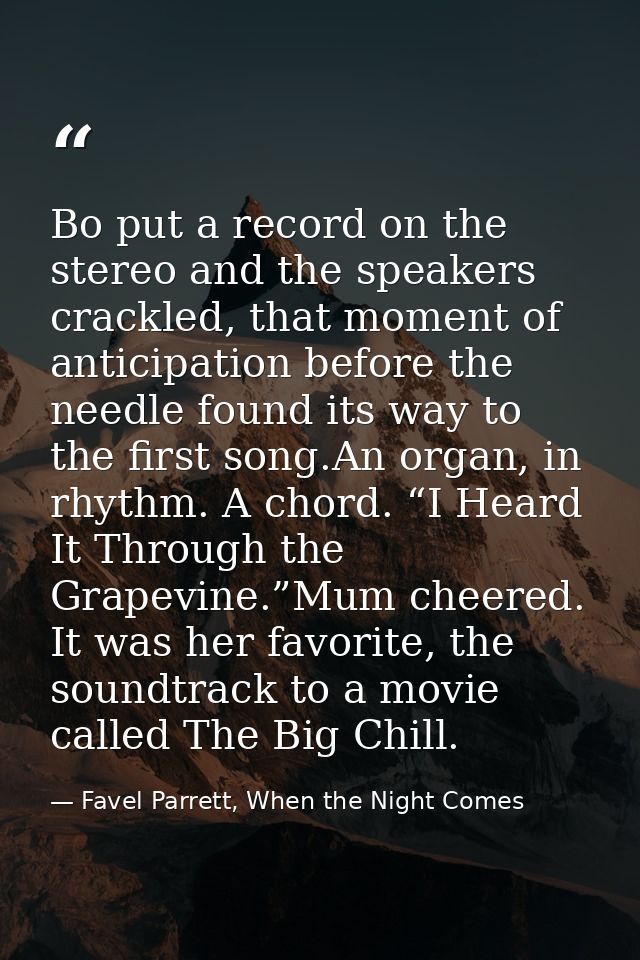 Bo put a record on the stereo and the speakers crackled, that moment of anticipation before the needle found its way to  — Favel Parrett, When the Night Comes