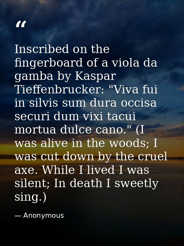 Inscribed on the fingerboard of a viola da gamba by Kaspar Tieffenbrucker: "Viva fui in silvis sum dura occisa securi du — Anonymous