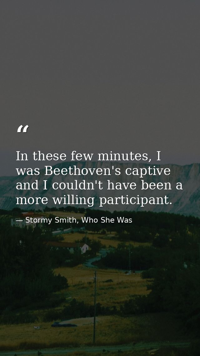 In these few minutes, I was Beethoven's captive and I couldn't have been a more willing participant. — Stormy Smith, Who She Was