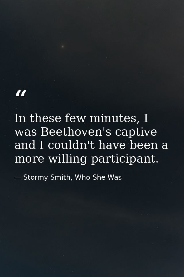 In these few minutes, I was Beethoven's captive and I couldn't have been a more willing participant. — Stormy Smith, Who She Was