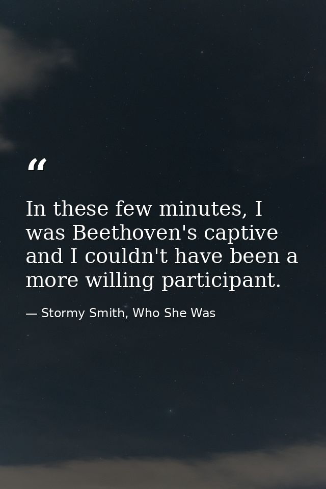 In these few minutes, I was Beethoven's captive and I couldn't have been a more willing participant. — Stormy Smith, Who She Was