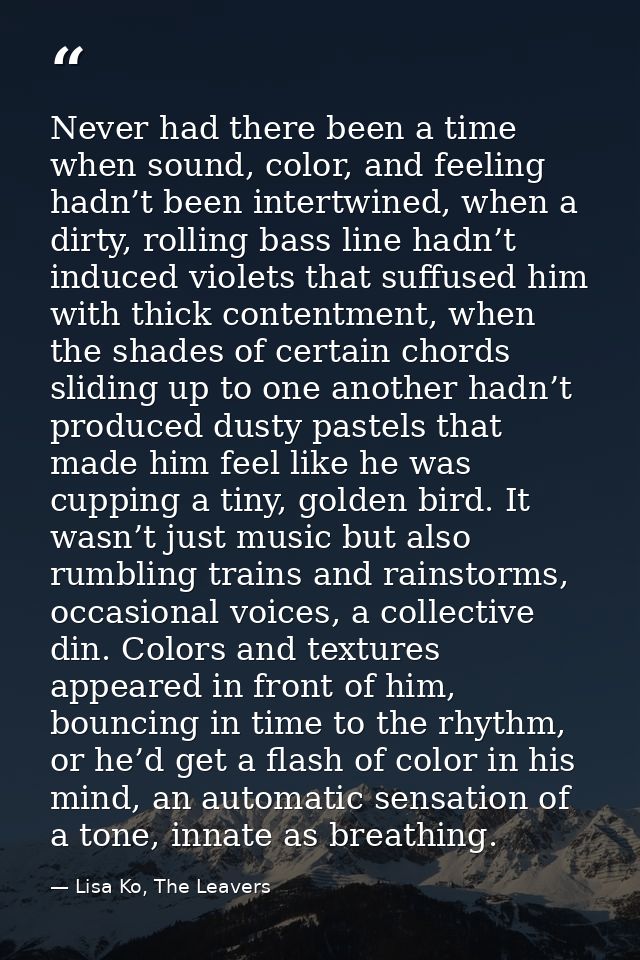 Never had there been a time when sound, color, and feeling hadn’t been intertwined, when a dirty, rolling bass line hadn — Lisa Ko, The Leavers
