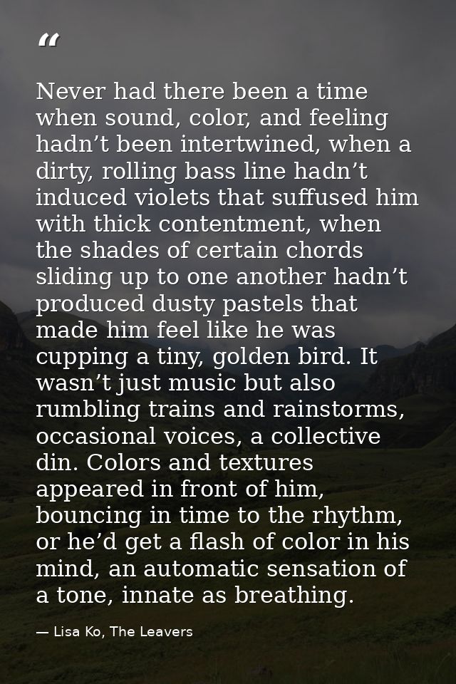 Never had there been a time when sound, color, and feeling hadn’t been intertwined, when a dirty, rolling bass line hadn — Lisa Ko, The Leavers