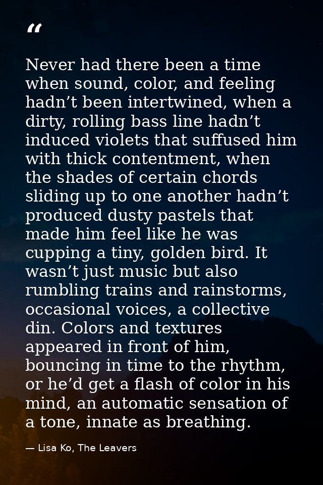 Never had there been a time when sound, color, and feeling hadn’t been intertwined, when a dirty, rolling bass line hadn — Lisa Ko, The Leavers
