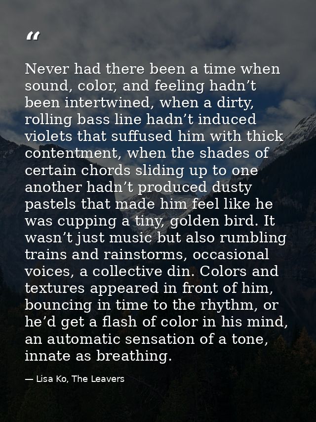 Never had there been a time when sound, color, and feeling hadn’t been intertwined, when a dirty, rolling bass line hadn — Lisa Ko, The Leavers