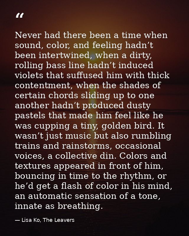 Never had there been a time when sound, color, and feeling hadn’t been intertwined, when a dirty, rolling bass line hadn — Lisa Ko, The Leavers