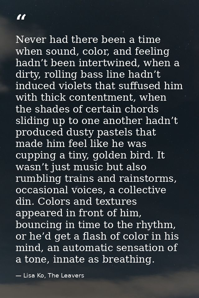 Never had there been a time when sound, color, and feeling hadn’t been intertwined, when a dirty, rolling bass line hadn — Lisa Ko, The Leavers