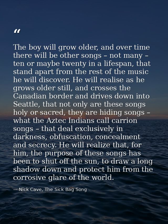 The boy will grow older, and over time there will be other songs – not many – ten or maybe twenty in a lifespan, that st — Nick Cave, The Sick Bag Song