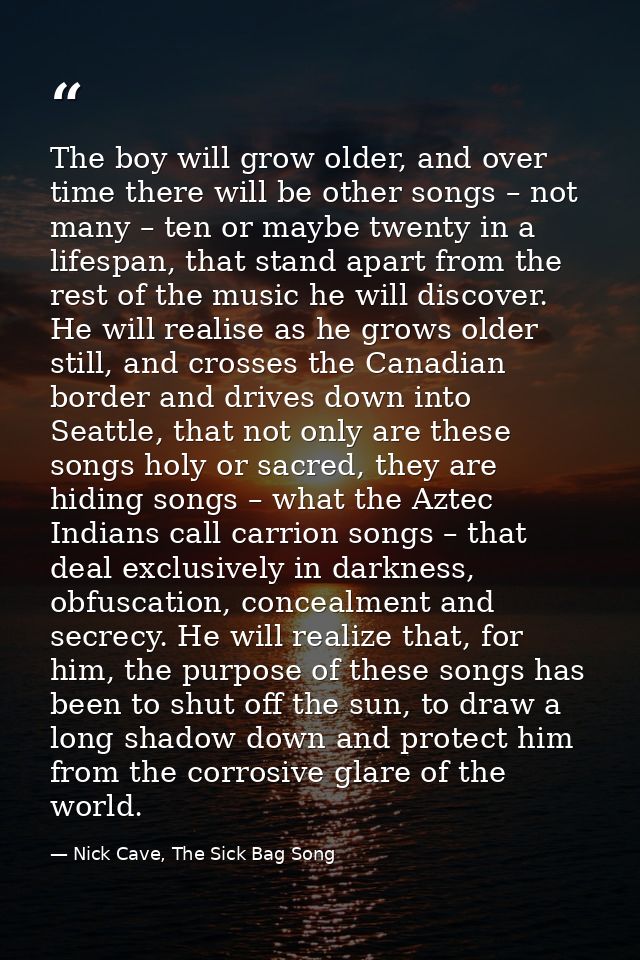The boy will grow older, and over time there will be other songs – not many – ten or maybe twenty in a lifespan, that st — Nick Cave, The Sick Bag Song