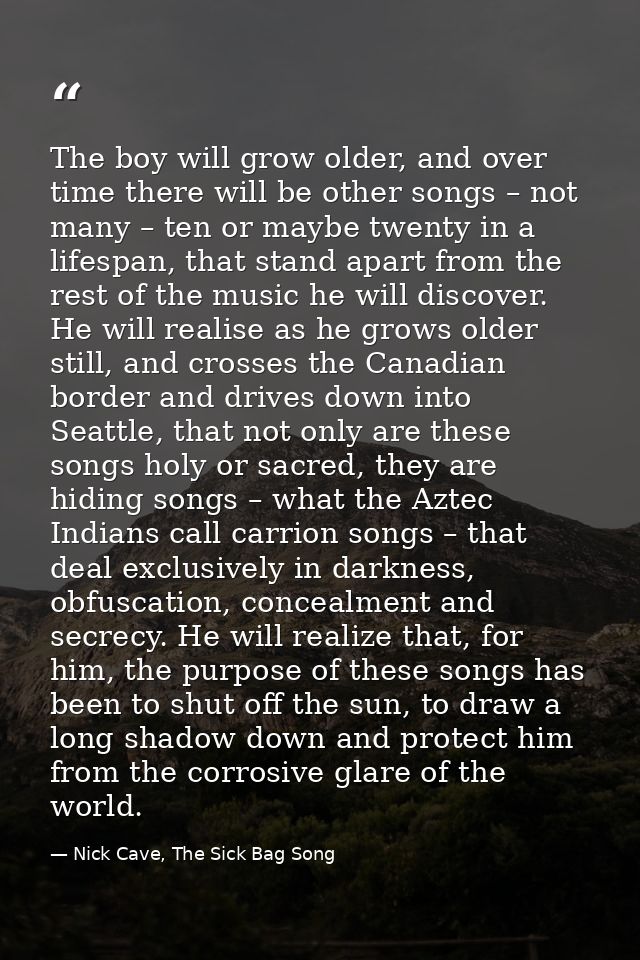 The boy will grow older, and over time there will be other songs – not many – ten or maybe twenty in a lifespan, that st — Nick Cave, The Sick Bag Song