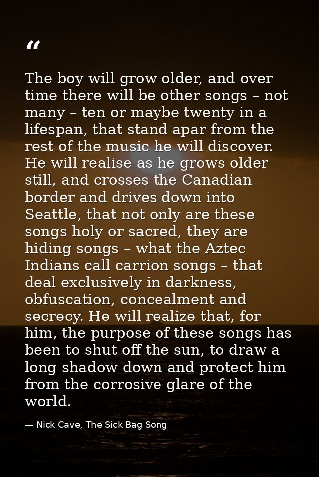 The boy will grow older, and over time there will be other songs – not many – ten or maybe twenty in a lifespan, that st — Nick Cave, The Sick Bag Song