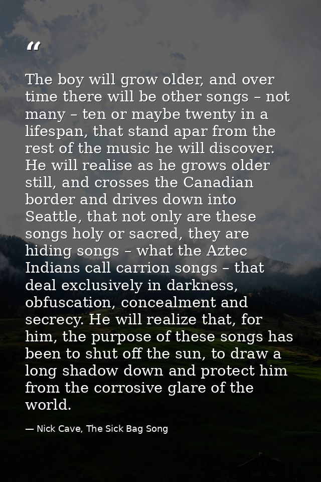 The boy will grow older, and over time there will be other songs – not many – ten or maybe twenty in a lifespan, that st — Nick Cave, The Sick Bag Song