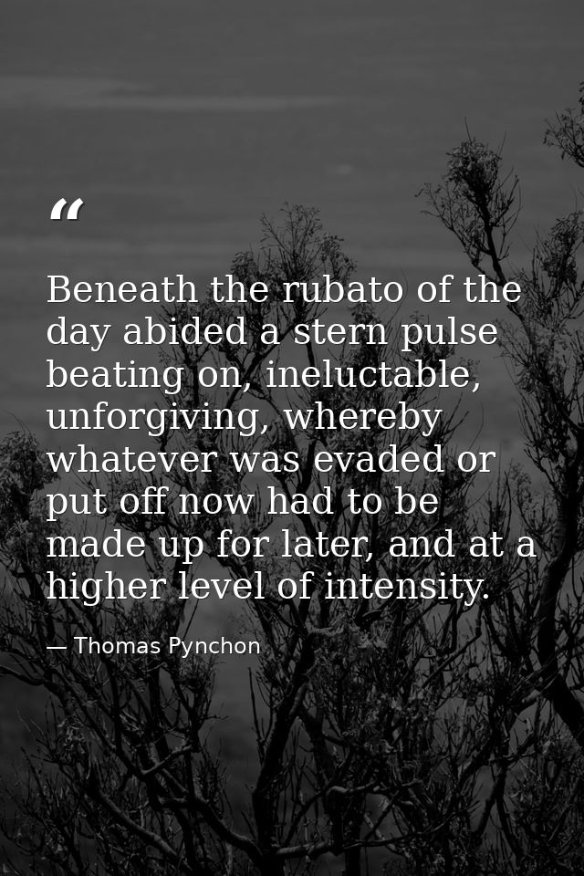 Beneath the rubato of the day abided a stern pulse beating on, ineluctable, unforgiving, whereby whatever was evaded or  — Thomas Pynchon