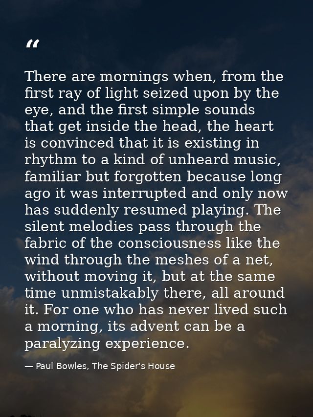 There are mornings when, from the first ray of light seized upon by the eye, and the first simple sounds that get inside — Paul Bowles, The Spider's House