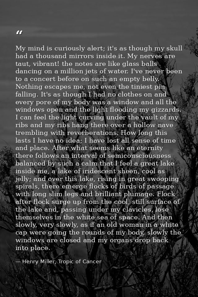 My mind is curiously alert; it's as though my skull had a thousand mirrors inside it. My nerves are taut, vibrant! the n — Henry Miller, Tropic of Cancer
