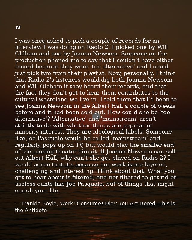 I was once asked to pick a couple of records for an interview I was doing on Radio 2. I picked one by Will Oldham and on — Frankie Boyle, Work! Consume! Die!: You Are Bored. This is the Antidote