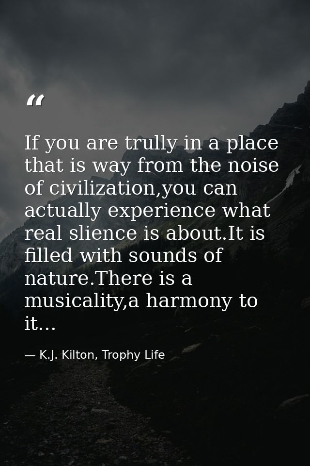 If you are trully in a place that is way from the noise of civilization,you can actually experience what real slience is — K.J. Kilton, Trophy Life