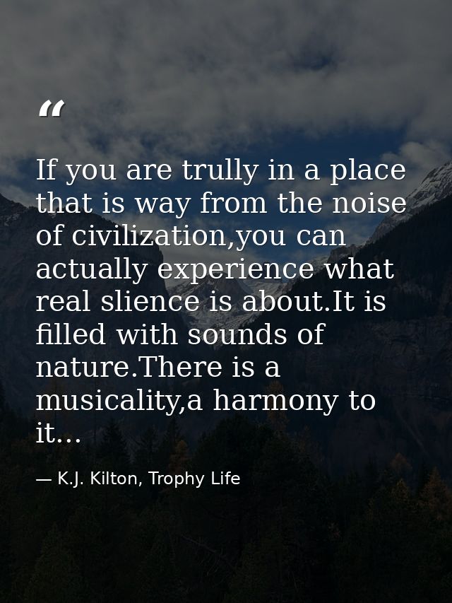 If you are trully in a place that is way from the noise of civilization,you can actually experience what real slience is — K.J. Kilton, Trophy Life