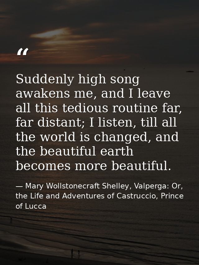 Suddenly high song awakens me, and I leave all this tedious routine far, far distant; I listen, till all the world is ch — Mary Wollstonecraft Shelley, Valperga: Or, the Life and Adventures of Castruccio, Prince of Lucca