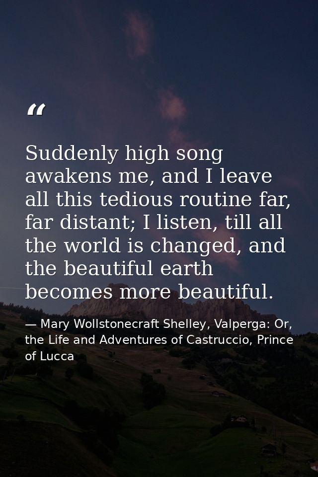 Suddenly high song awakens me, and I leave all this tedious routine far, far distant; I listen, till all the world is ch — Mary Wollstonecraft Shelley, Valperga: Or, the Life and Adventures of Castruccio, Prince of Lucca