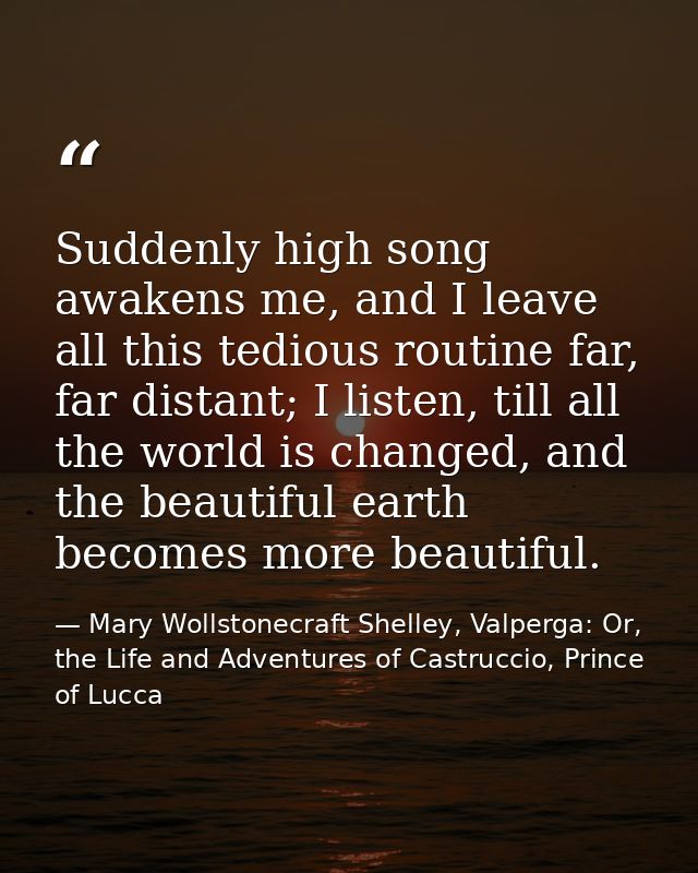 Suddenly high song awakens me, and I leave all this tedious routine far, far distant; I listen, till all the world is ch — Mary Wollstonecraft Shelley, Valperga: Or, the Life and Adventures of Castruccio, Prince of Lucca