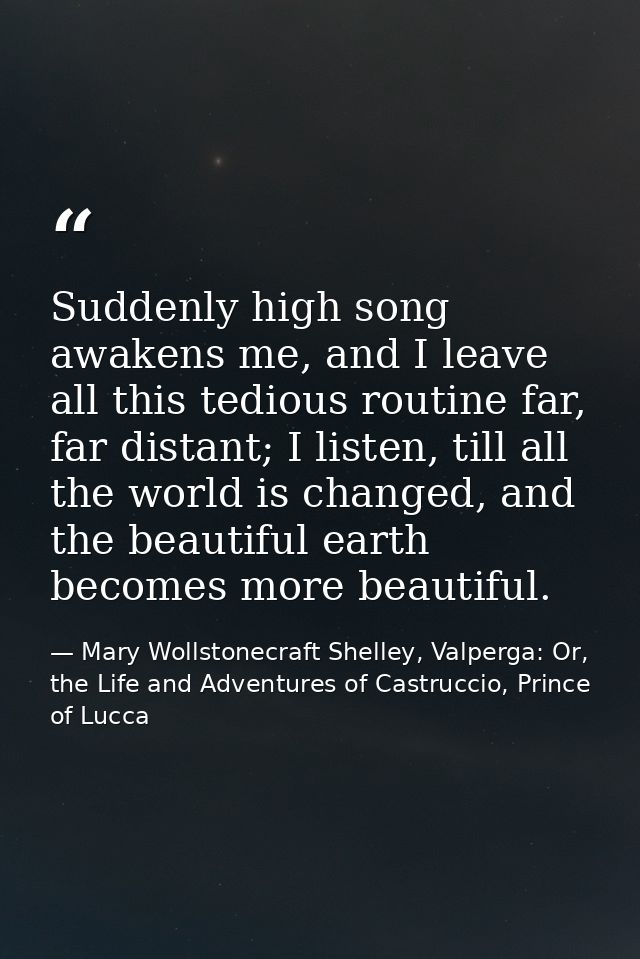 Suddenly high song awakens me, and I leave all this tedious routine far, far distant; I listen, till all the world is ch — Mary Wollstonecraft Shelley, Valperga: Or, the Life and Adventures of Castruccio, Prince of Lucca