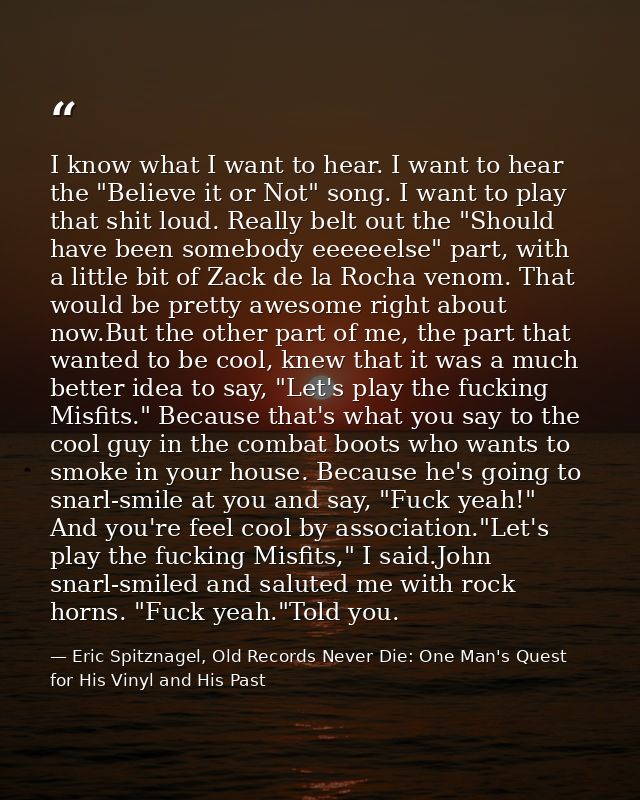I know what I want to hear. I want to hear the "Believe it or Not" song. I want to play that shit loud. Really belt out  — Eric Spitznagel, Old Records Never Die: One Man's Quest for His Vinyl and His Past