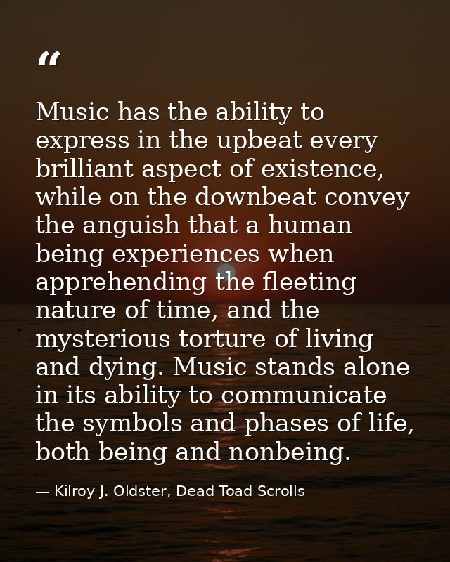 Music has the ability to express in the upbeat every brilliant aspect of existence, while on the downbeat convey the ang — Kilroy J. Oldster, Dead Toad Scrolls