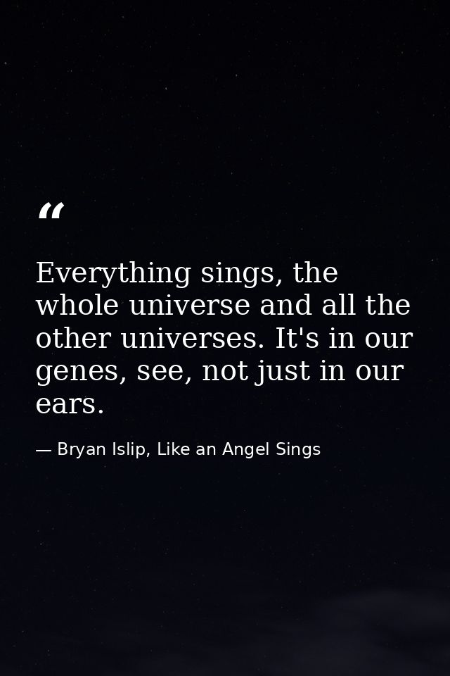Everything sings, the whole universe and all the other universes. It's in our genes, see, not just in our ears. — Bryan Islip, Like an Angel Sings