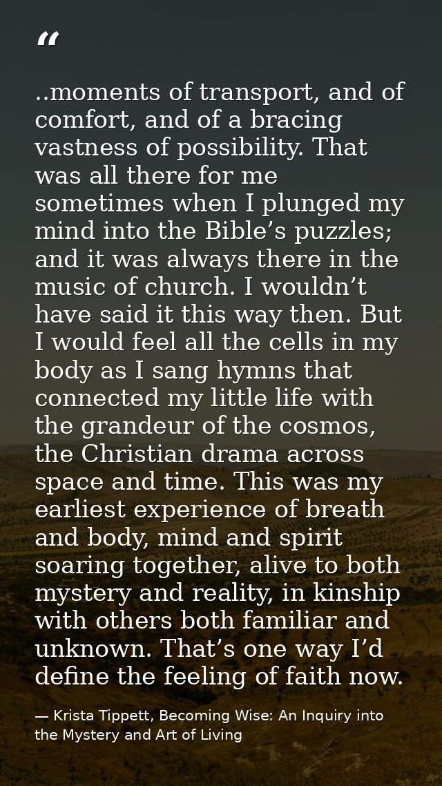 ..moments of transport, and of comfort, and of a bracing vastness of possibility. That was all there for me sometimes wh — Krista Tippett, Becoming Wise: An Inquiry into the Mystery and Art of Living