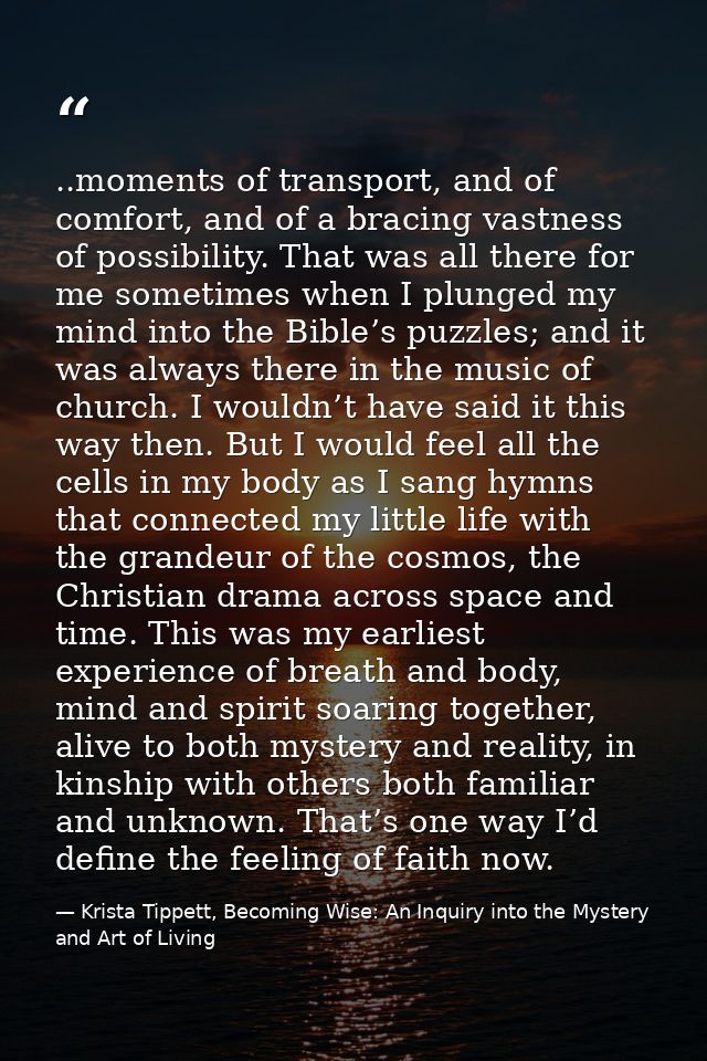 ..moments of transport, and of comfort, and of a bracing vastness of possibility. That was all there for me sometimes wh — Krista Tippett, Becoming Wise: An Inquiry into the Mystery and Art of Living