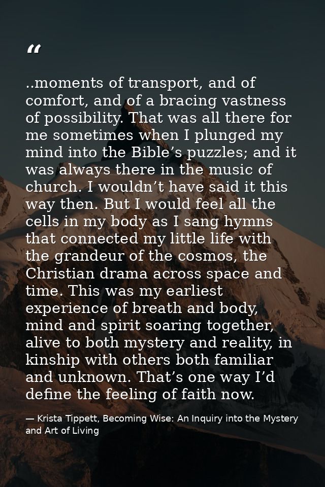 ..moments of transport, and of comfort, and of a bracing vastness of possibility. That was all there for me sometimes wh — Krista Tippett, Becoming Wise: An Inquiry into the Mystery and Art of Living