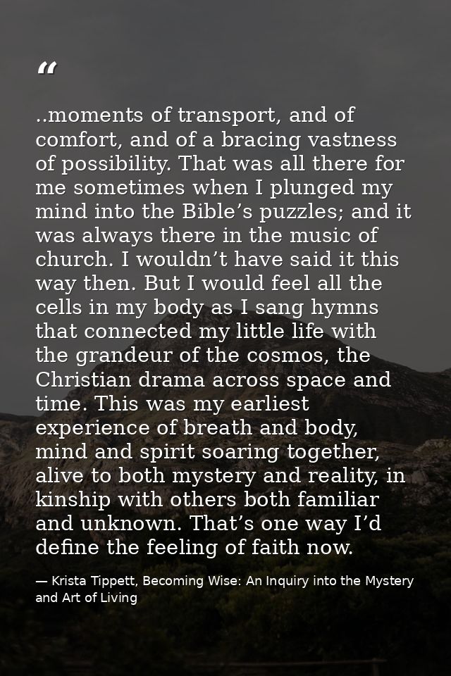 ..moments of transport, and of comfort, and of a bracing vastness of possibility. That was all there for me sometimes wh — Krista Tippett, Becoming Wise: An Inquiry into the Mystery and Art of Living