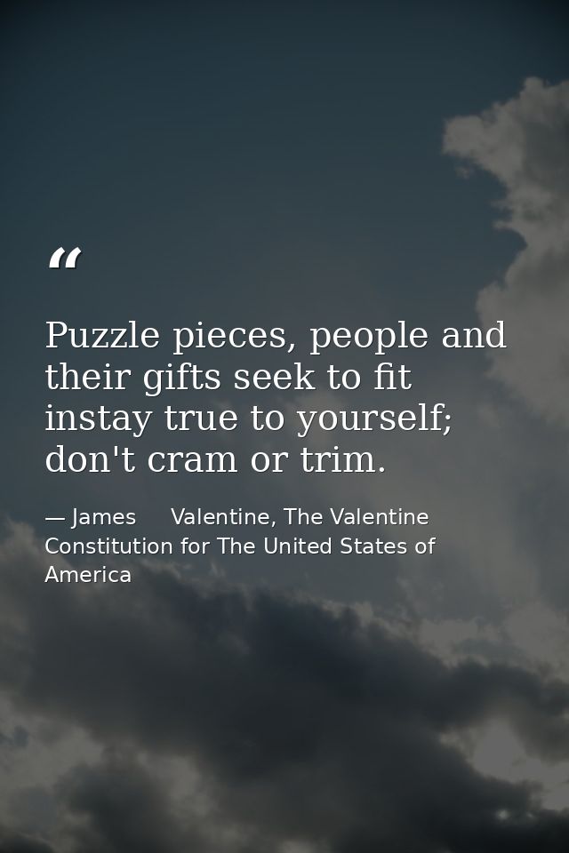 Puzzle pieces, people and their gifts seek to fit instay true to yourself; don't cram or trim. — James     Valentine, The Valentine Constitution for The United States of America