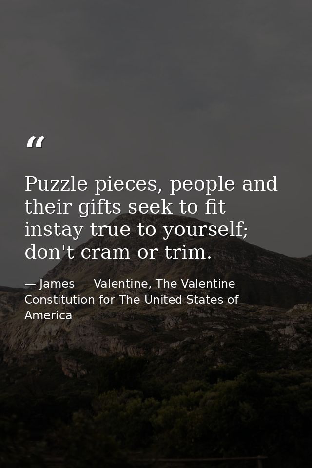 Puzzle pieces, people and their gifts seek to fit instay true to yourself; don't cram or trim. — James     Valentine, The Valentine Constitution for The United States of America